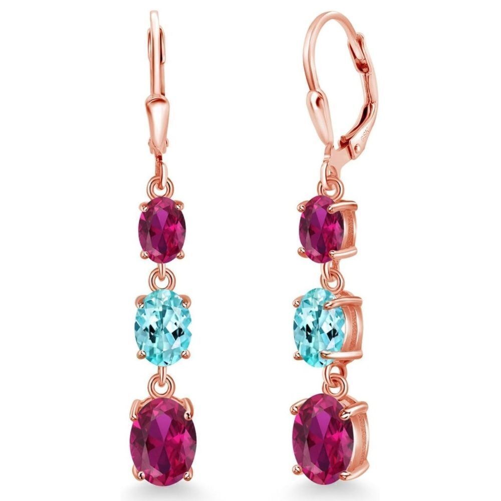 18K Rose Gold with 5.34 Cttw 3 Stone Ruby and Blue Apatite Leverback Earrings